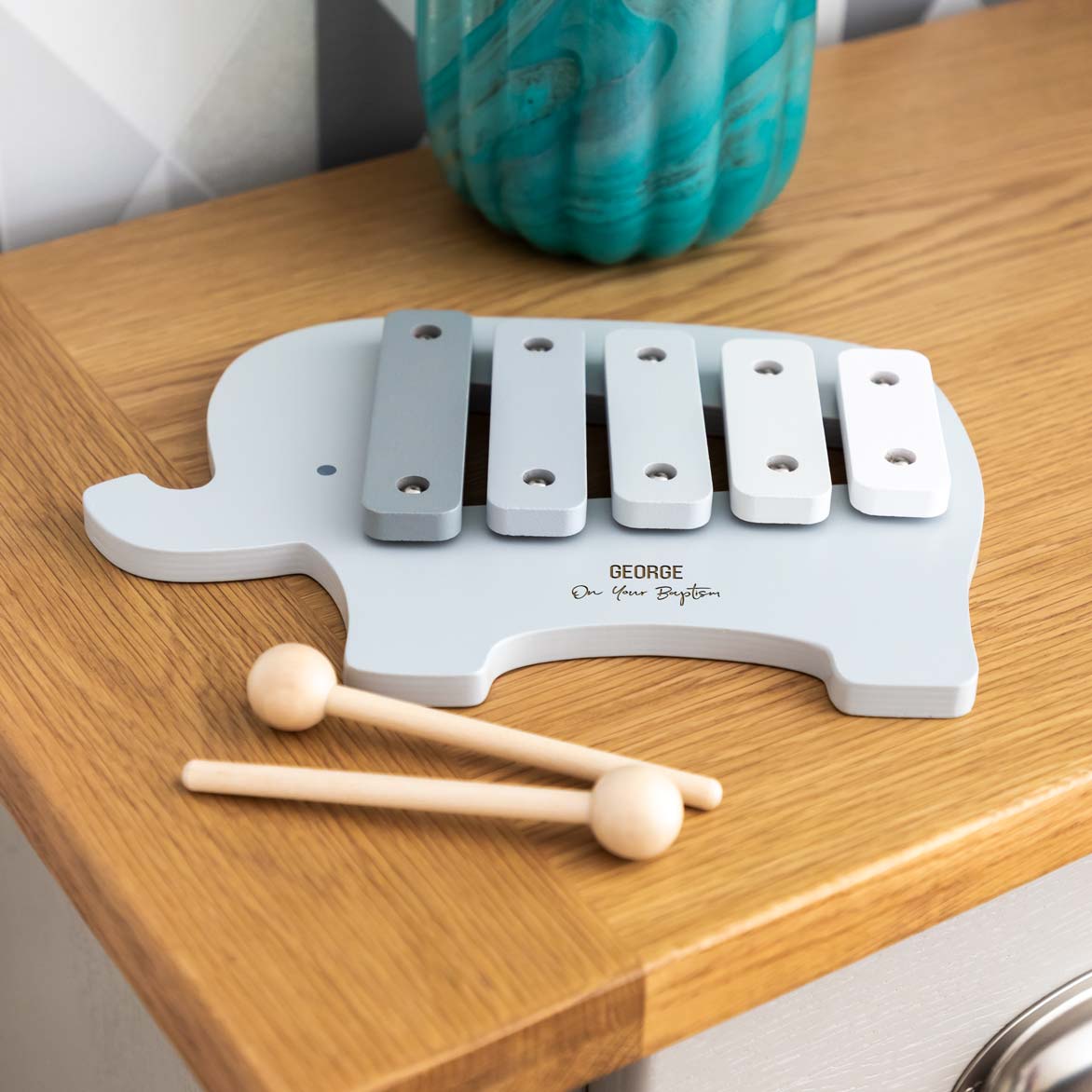 Wood elephant xylophone music toy with baptism personalisation