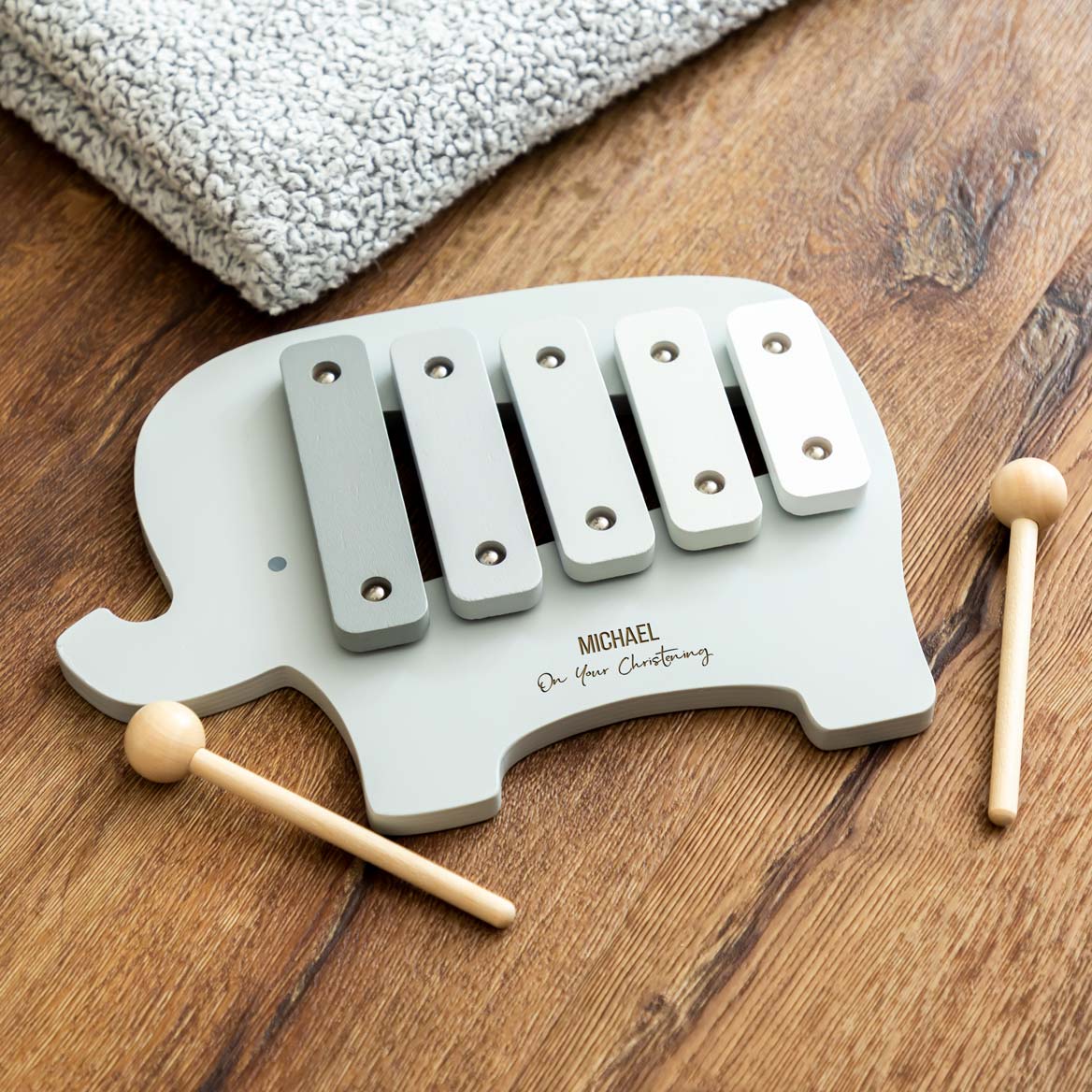 Elephant xylophone toy with personalisation for christening gift