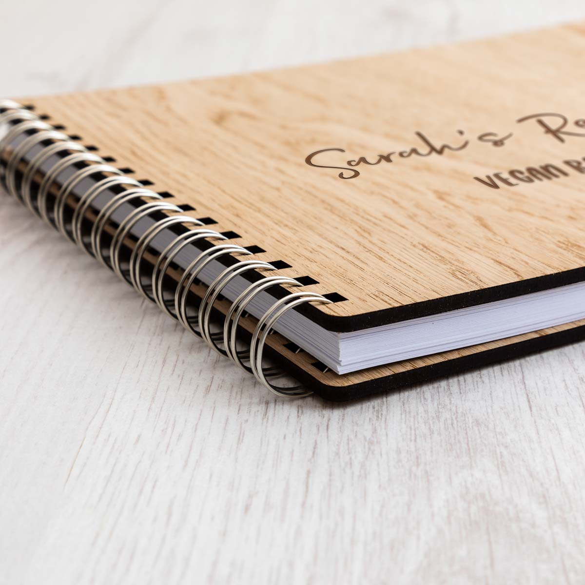 Close up of oak veneer cover on recipe book