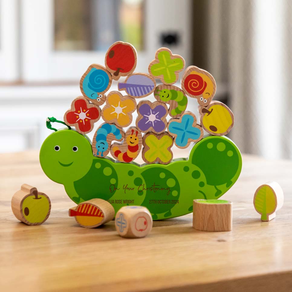 Wooden caterpillar balance game with personalisation for Christening gift