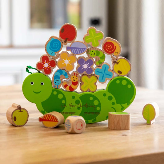 Wooden caterpillar balance game with personalisation for Christening gift