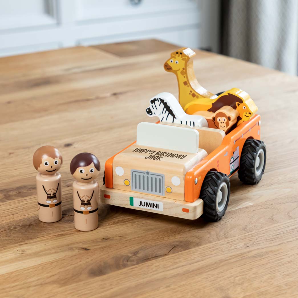 Wooden jeep toy with jungle animals personalised for a birthday gift