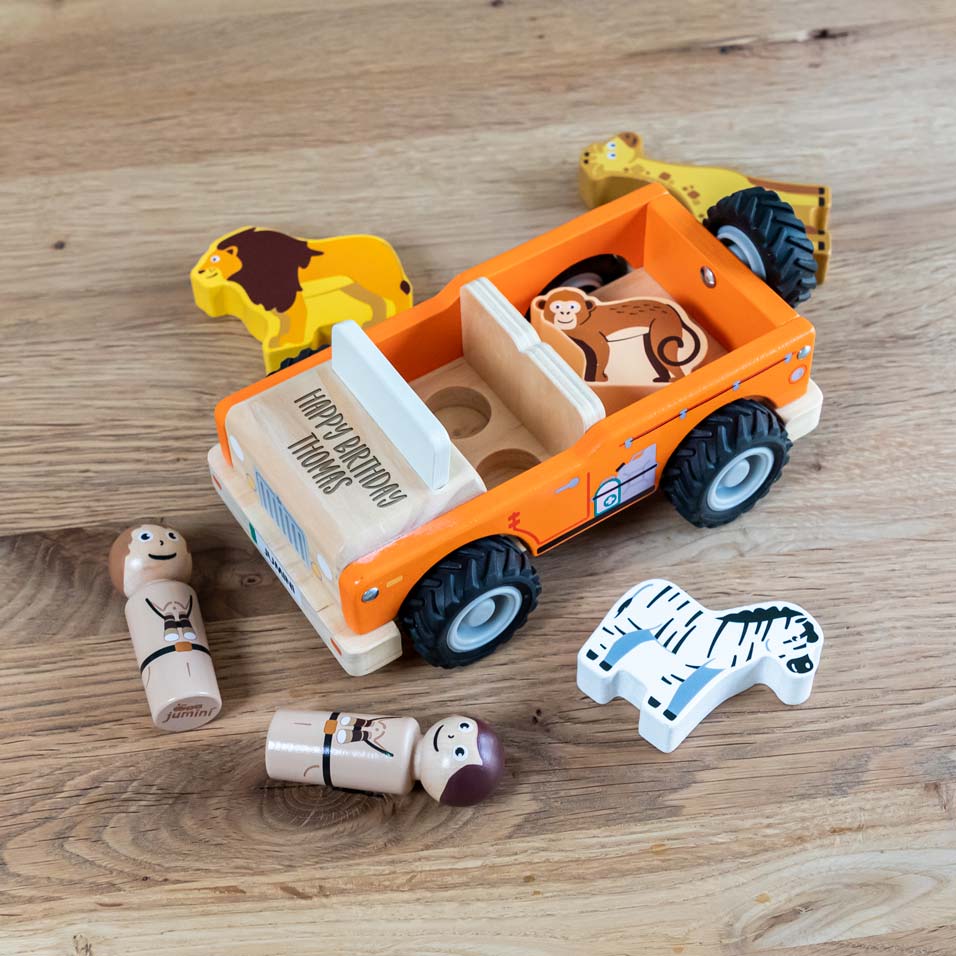 Personalised jungle animals play set with jeep
