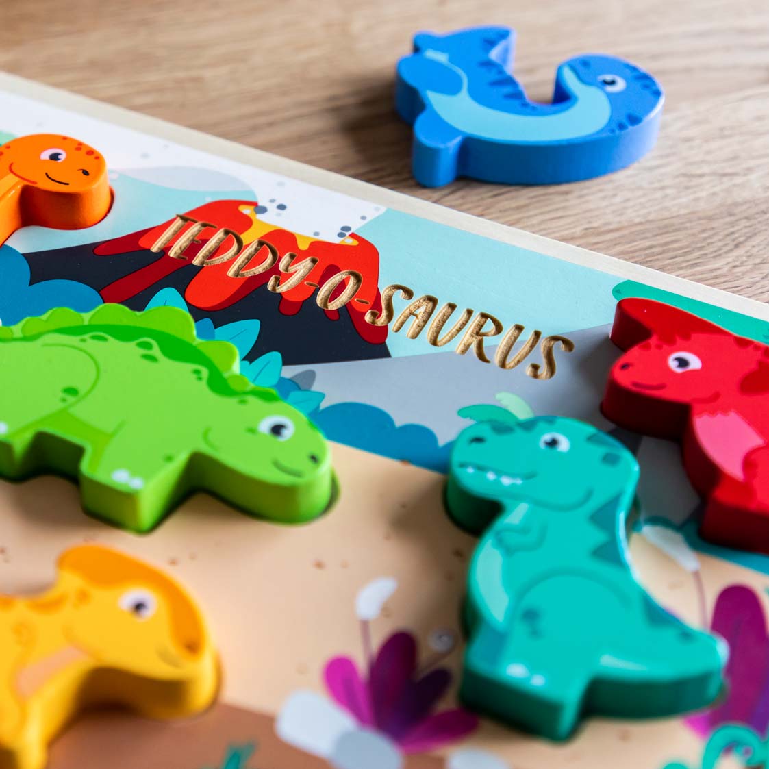 Name O Saurus personalisation on wooden dinosaur puzzle