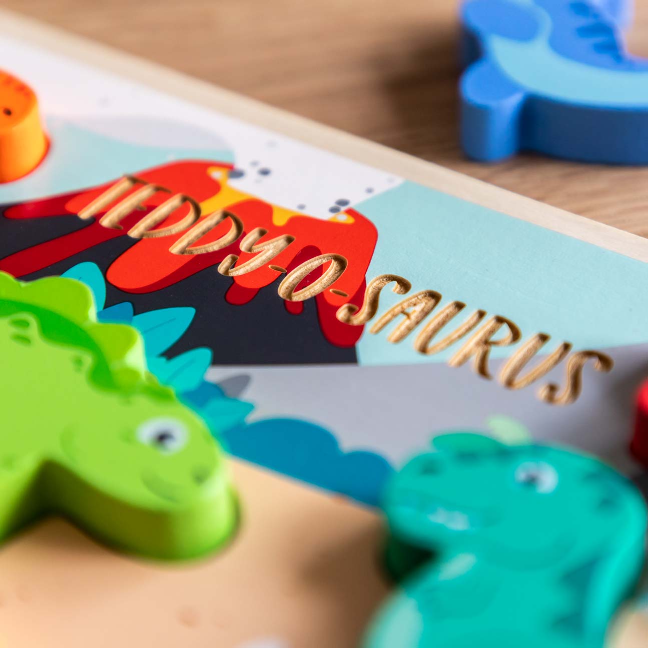 Close up of personalisation on dinosaur puzzle
