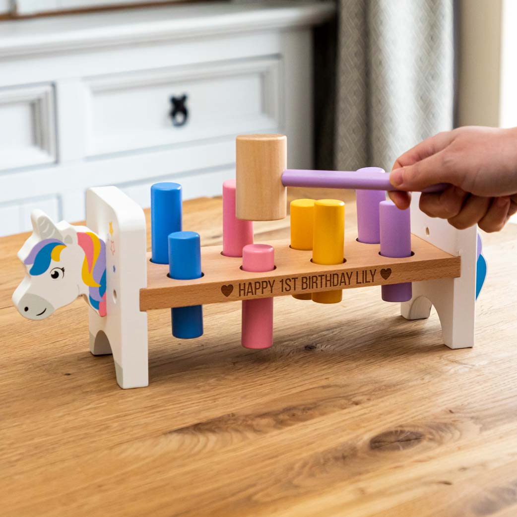 Wood unicorn hammer bench with personalisation for 1st birthday gift