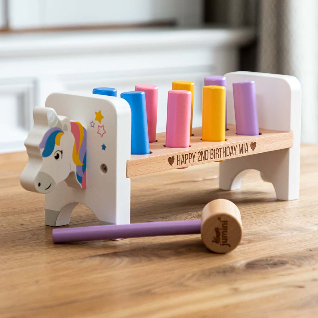 Personalised unicorn hammer bench wooden toy