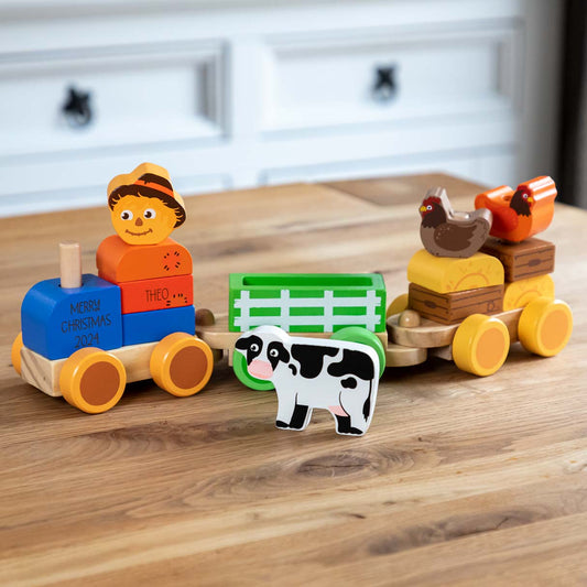 Wooden farmyard stacking train toy