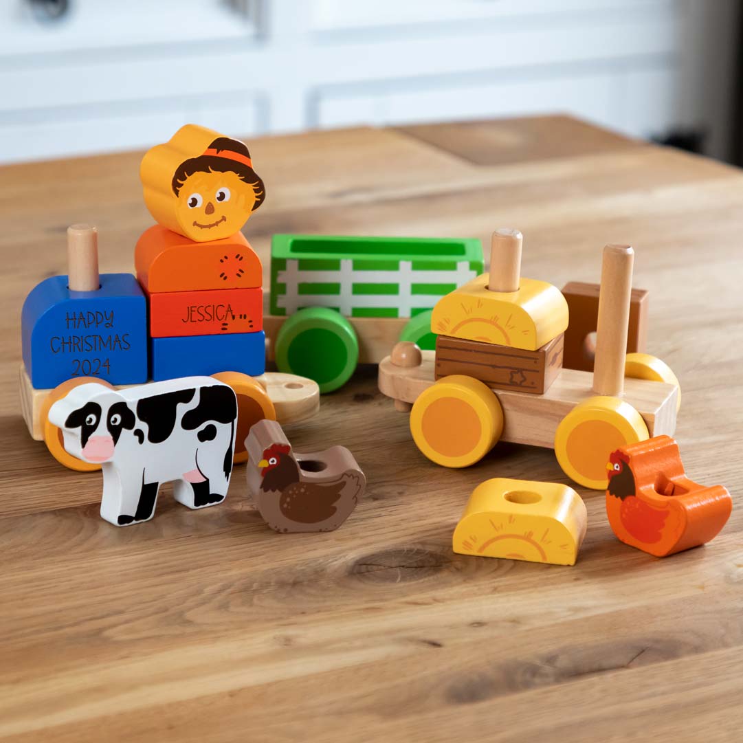 Wooden stacking train with farmyard animals toy