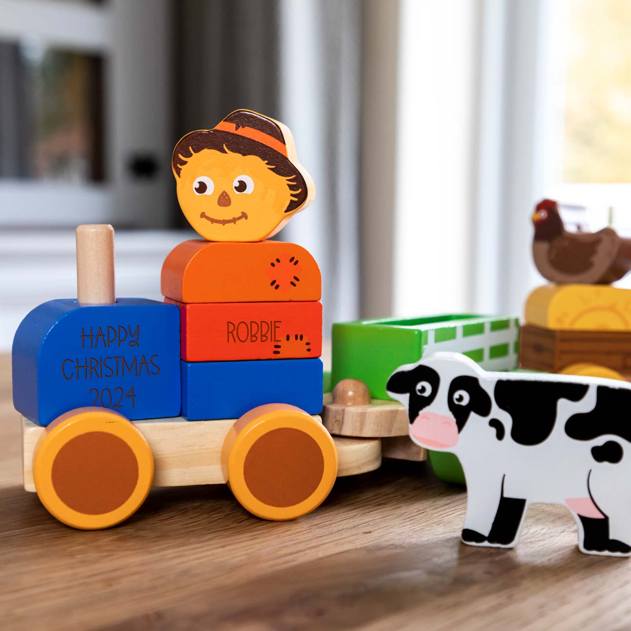 Close up of personalisation on farm train toy