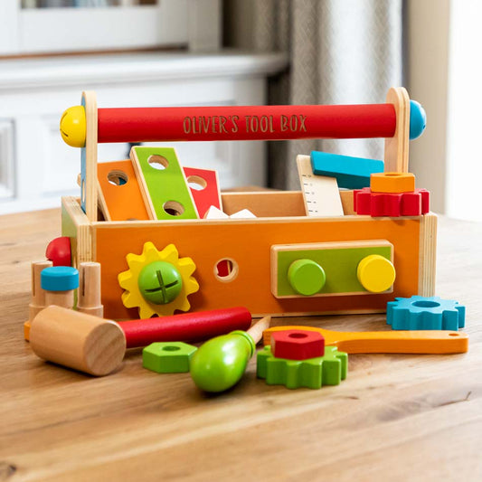 Personalised wooden tool box for children with tools