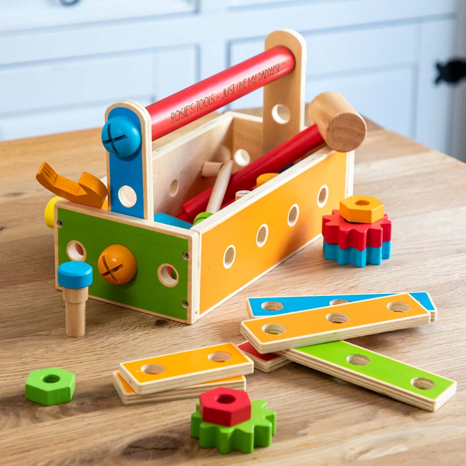 Wooden tool box and tools play set for children
