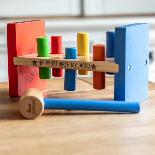 Colourful hammer bench toy with personalisation for 1st birthday gift