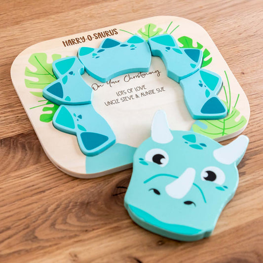 Wooden dinosaur puzzle personalised with a hidden message