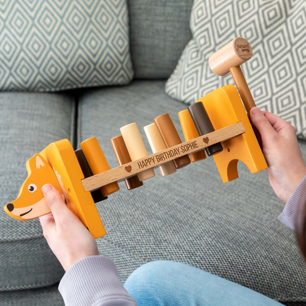Wooden fox hammer bench with personalisation for birthday gift
