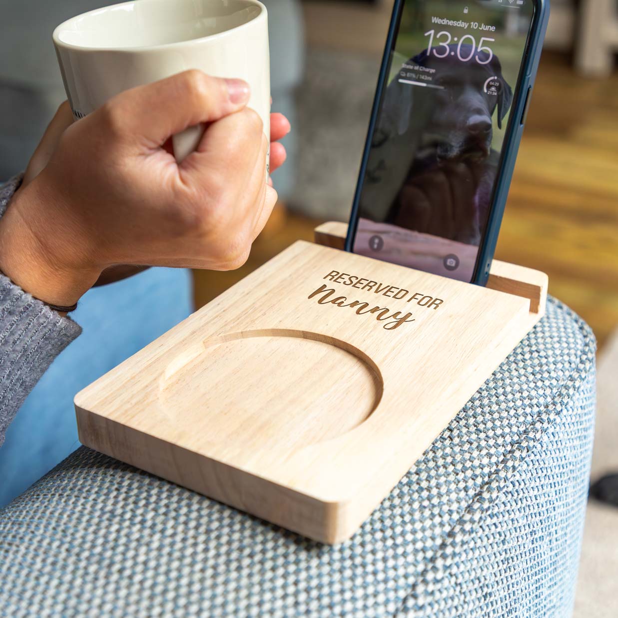Personalised Phone Stand Sofa Coaster Reserved For