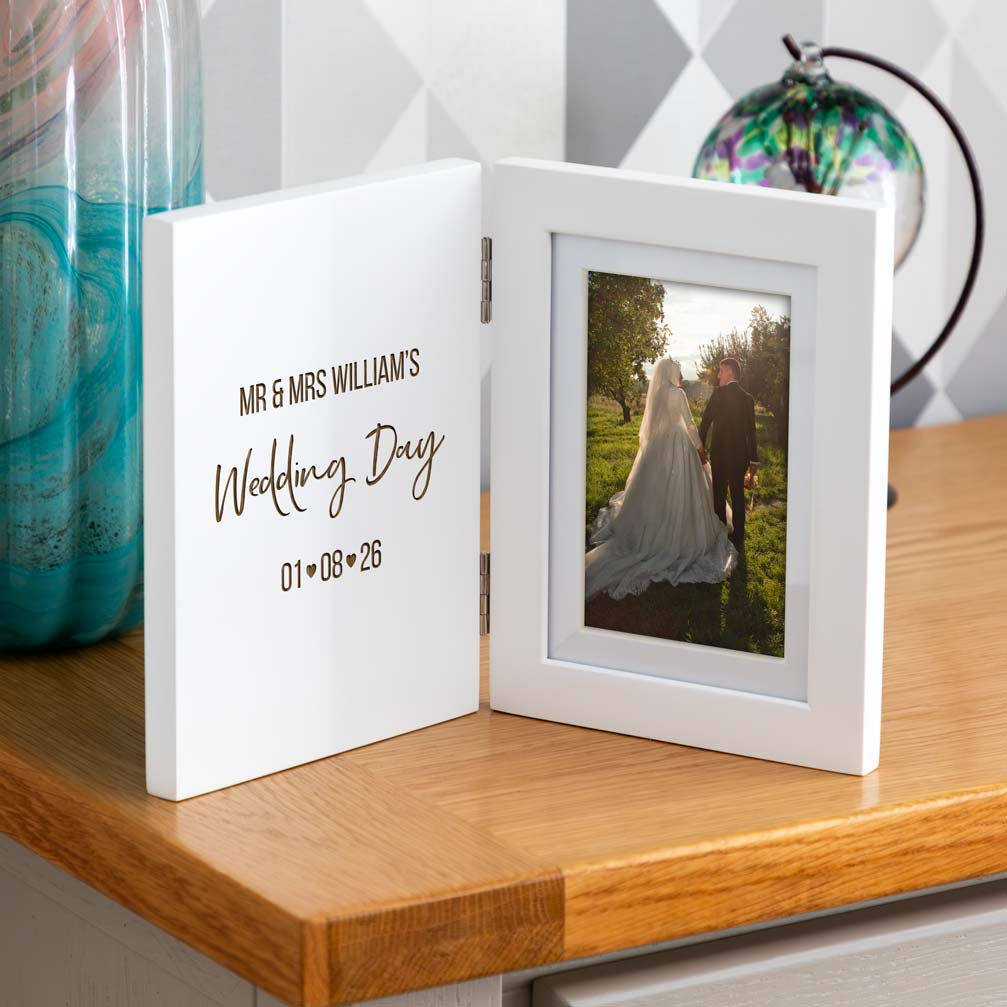 Personalised Wedding Day Gift White Folding Photo Frame
