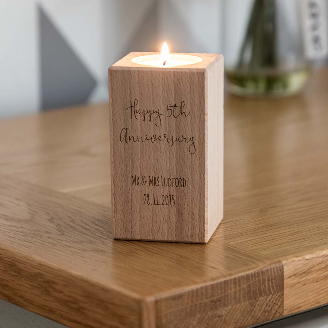 Personalised 5th Anniversary Wood Candle Holder
