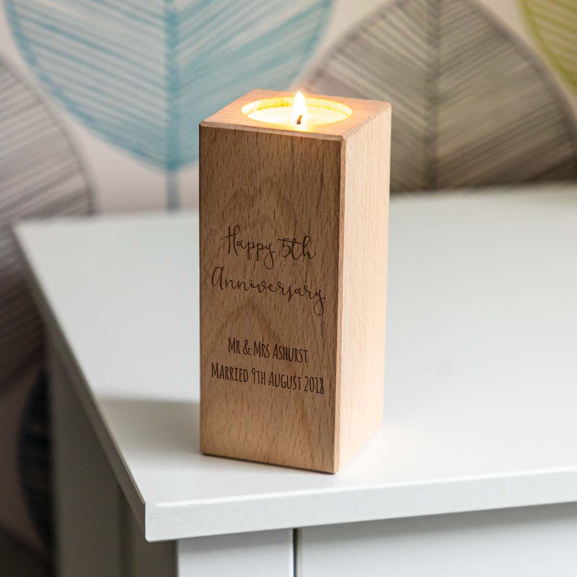 Personalised 5th Anniversary Wood Candle Holder