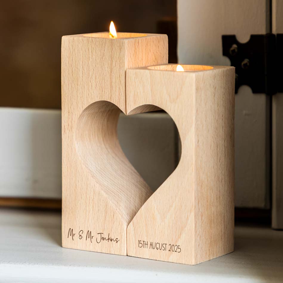 Personalised Wedding or Anniversary Heart Candle Holder Set