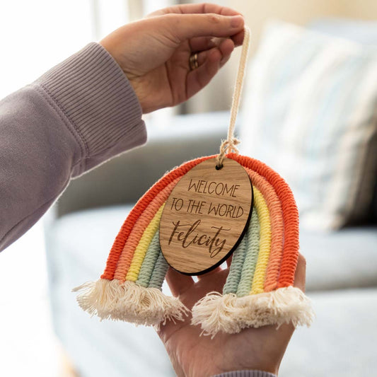Personalised Macrame Rainbow Sign New Baby Gift
