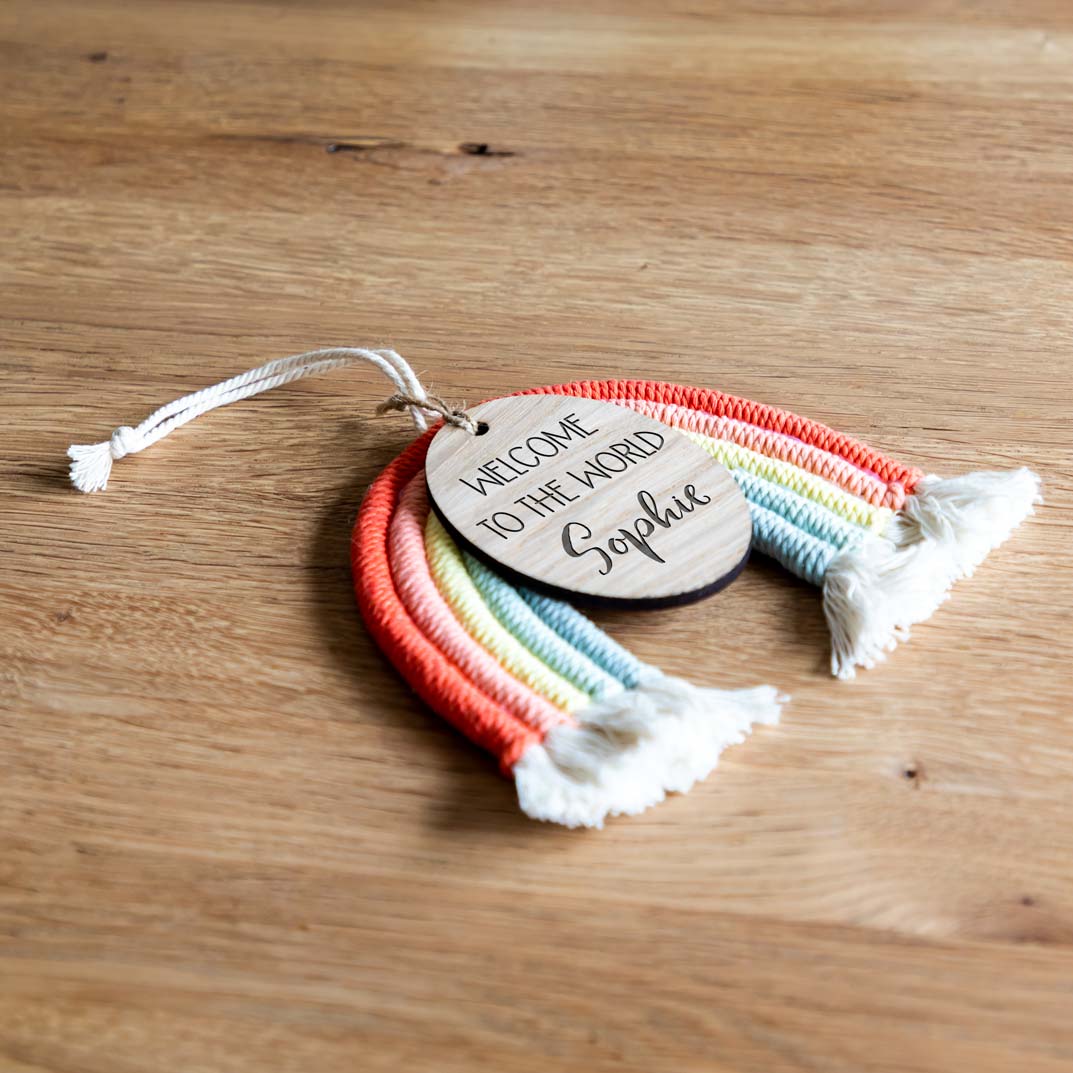 Personalised Macrame Rainbow Sign New Baby Gift
