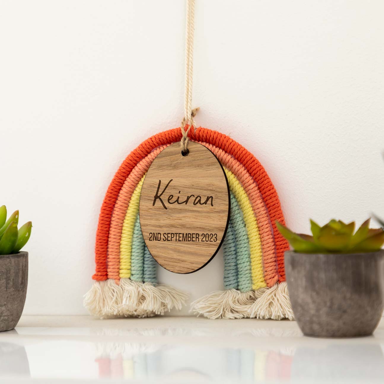 Personalised New Baby Gift Macrame Rainbow Nursery Sign