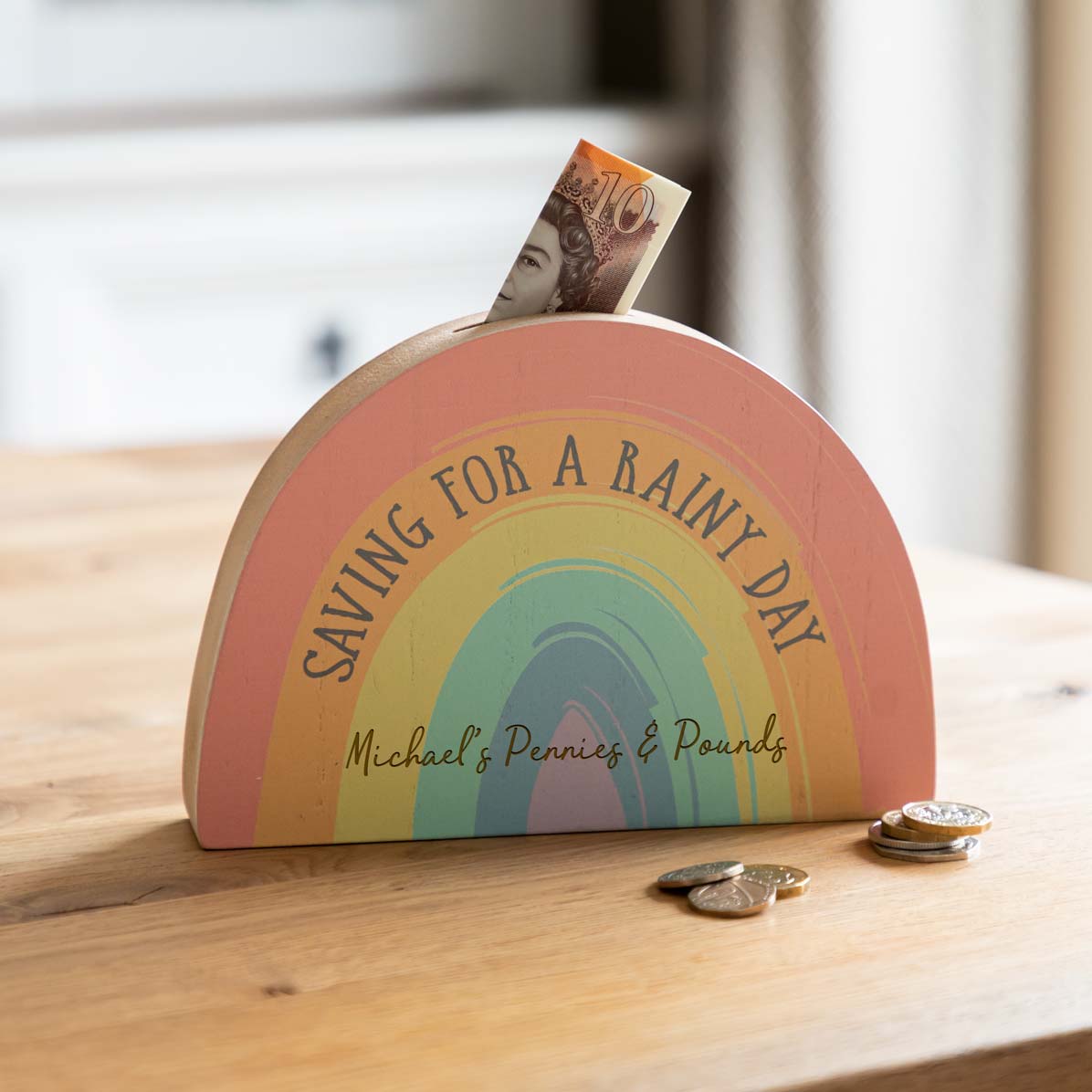 Personalised Saving For A Rainy Day Rainbow Money Box