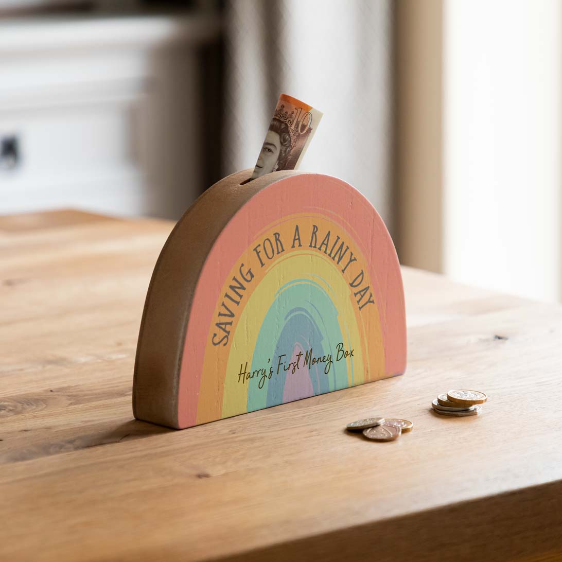 Personalised Saving For A Rainy Day Rainbow Money Box