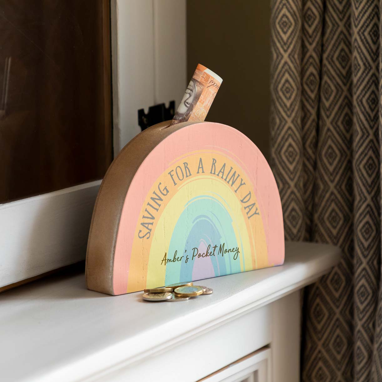 Personalised Saving For A Rainy Day Rainbow Money Box
