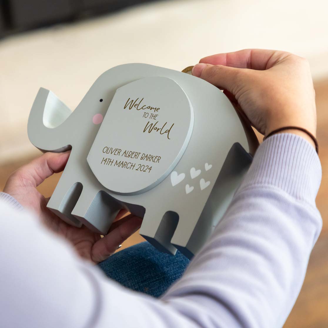 Personalised Elephant Money Box Welcome To The World