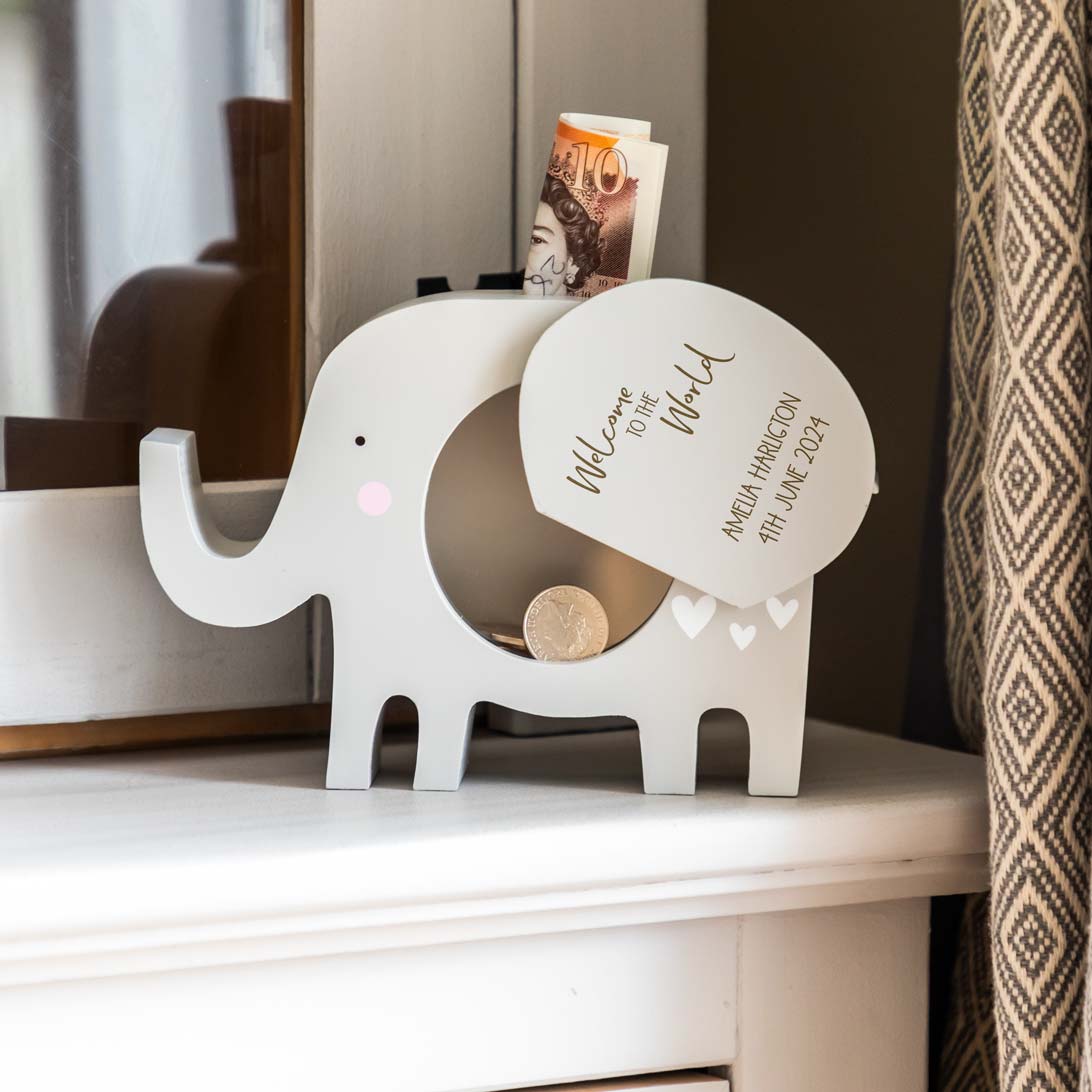 Personalised Elephant Money Box Welcome To The World