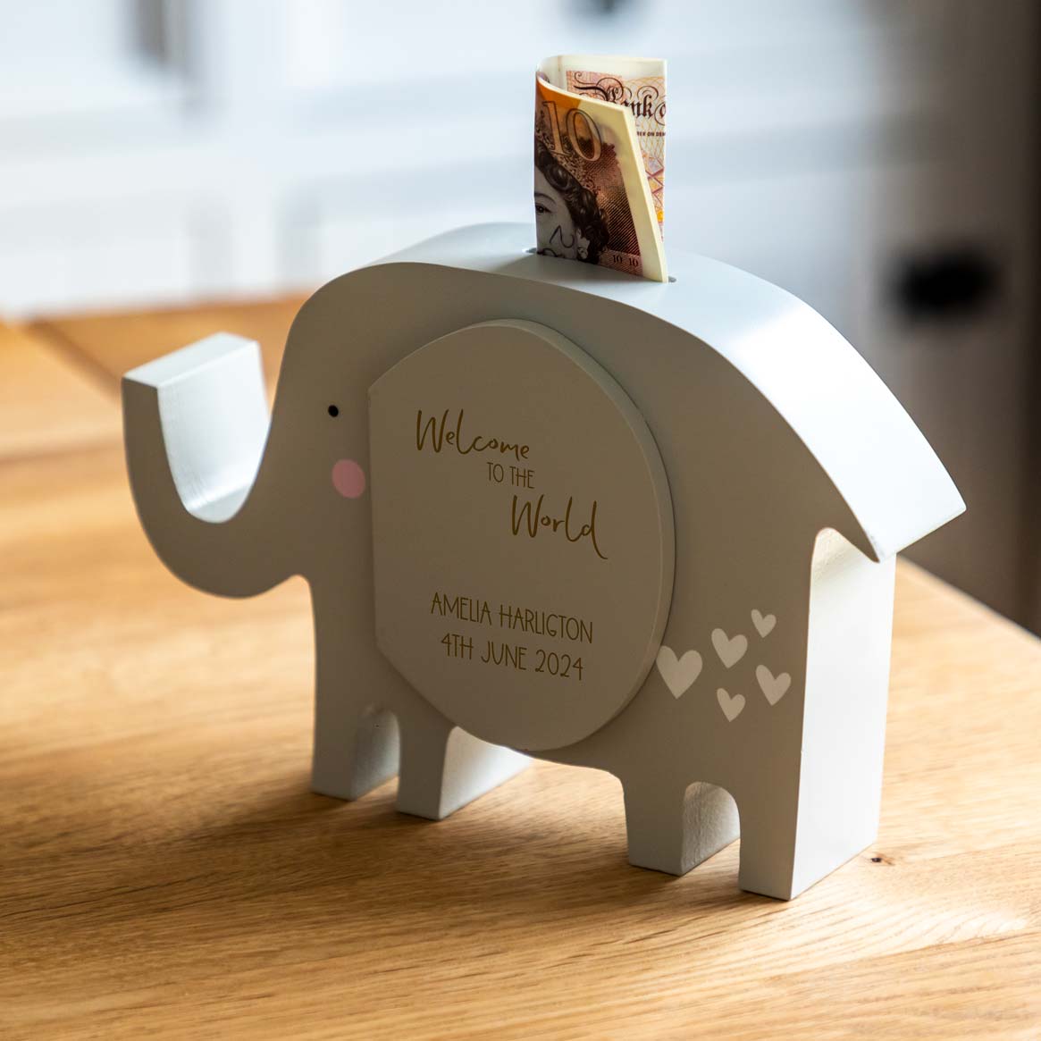 Personalised Elephant Money Box Welcome To The World