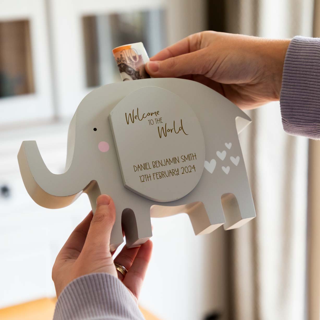 Personalised Elephant Money Box Welcome To The World