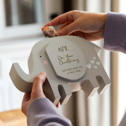 Personalised Elephant Money Box For Christening Baptism Naming Day