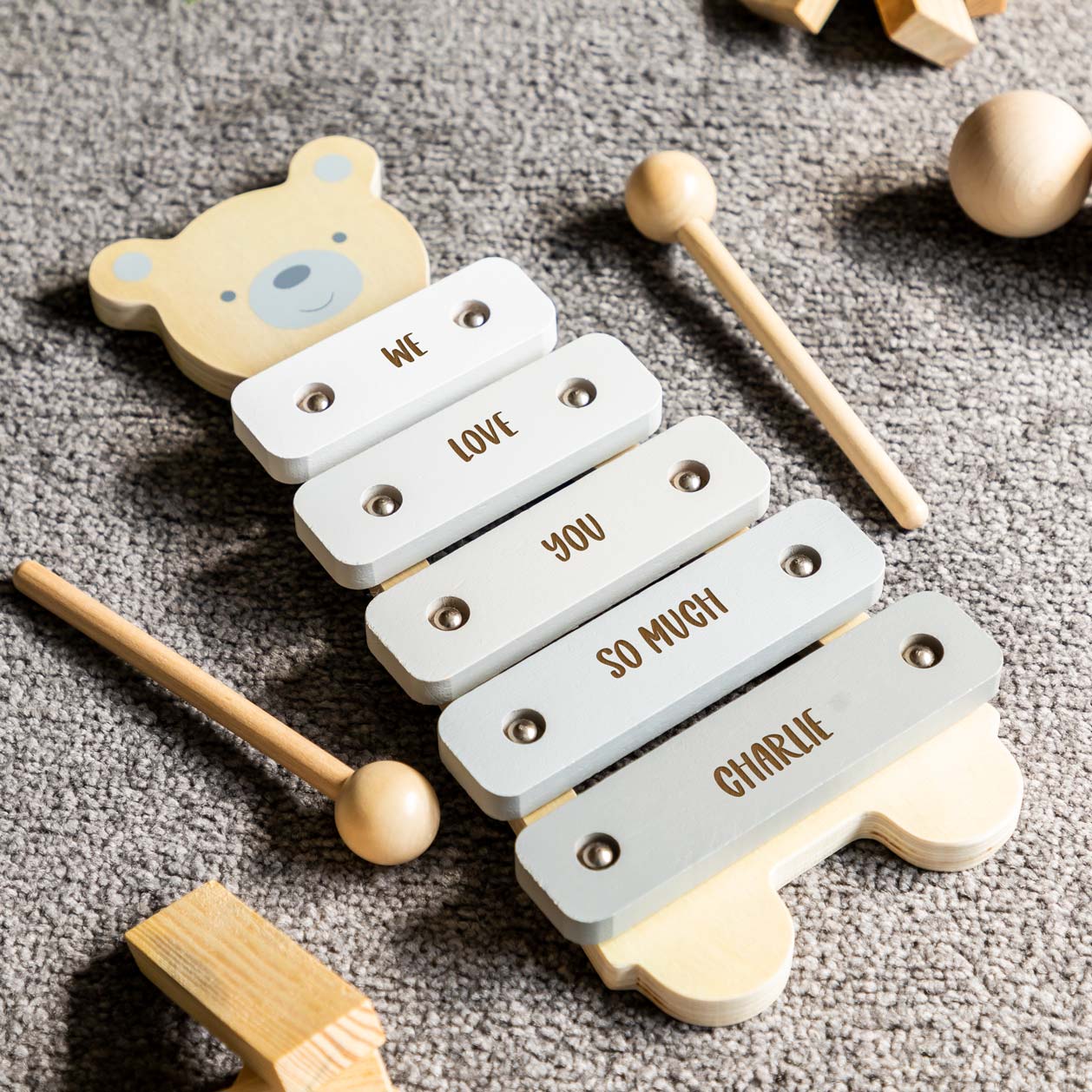 Xylophone music toy and beaters with a personalised name
