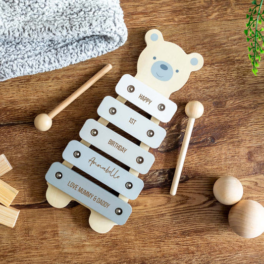 Wooden bear xylophone music toy with personalisation for 1st birthday gift