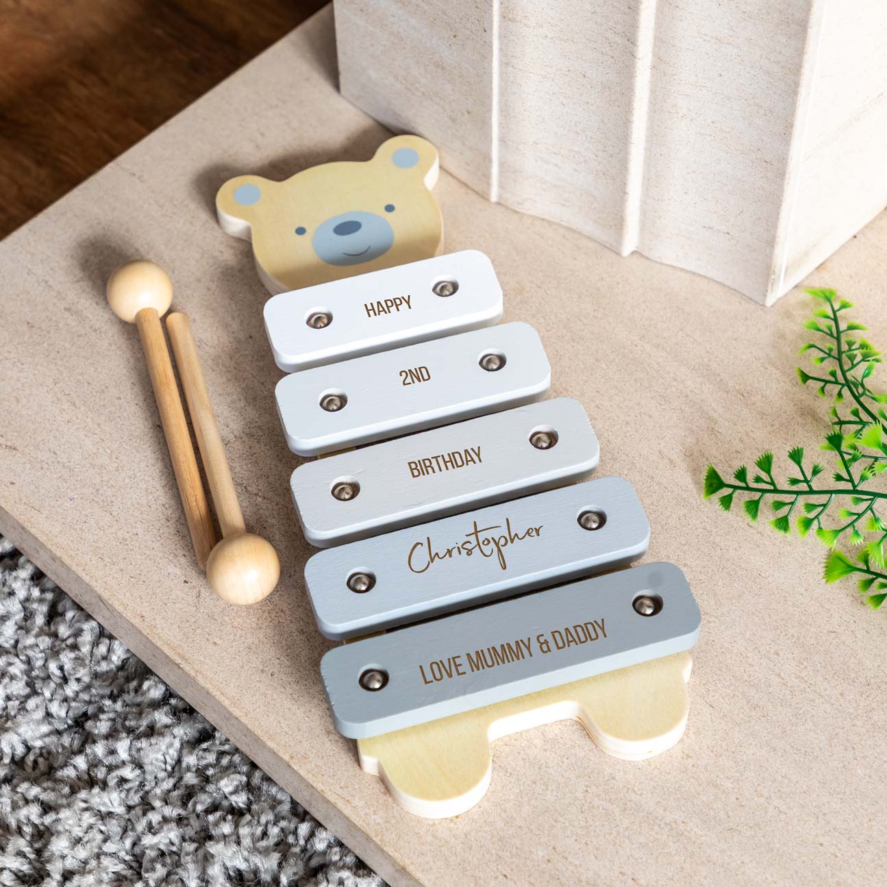 Bear shaped xylophone music toy with two beaters