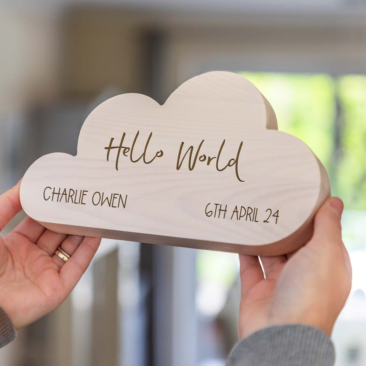 Personalised Hello World Wood Cloud New Baby Gift