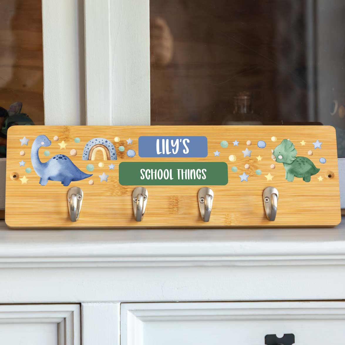 Personalised Dinosaur Wall Mounted Coat Hooks For Children's Bedroom