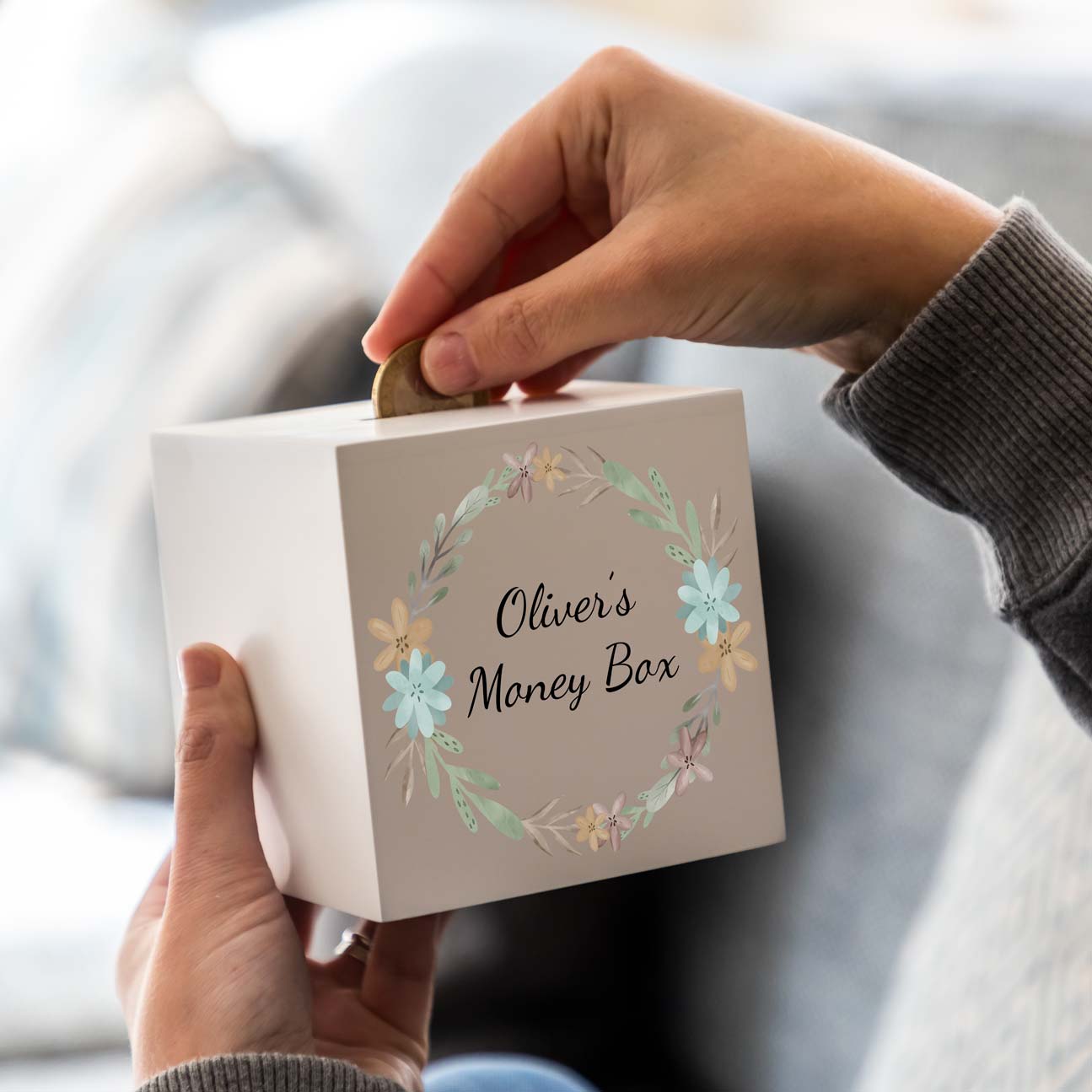 Personalised White Money Box Floral Wreath