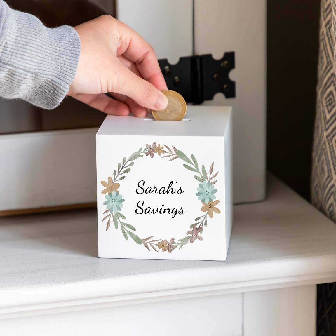 Personalised White Money Box Floral Wreath
