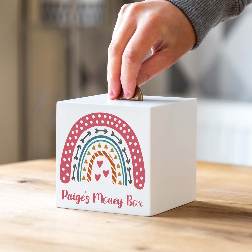 Personalised Rainbow White Money Box