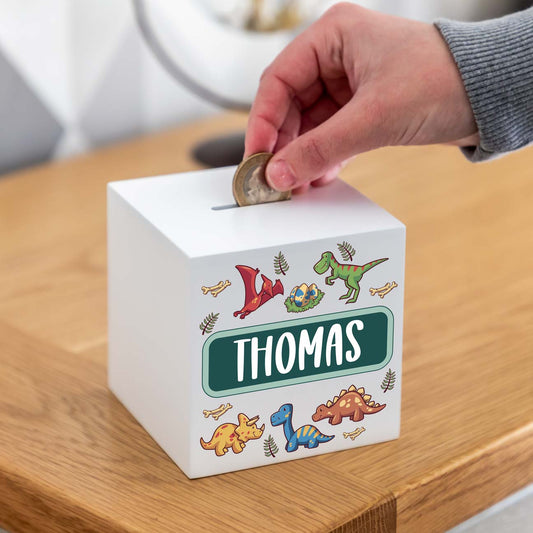 Personalised Dinosaur White Money Box Gift