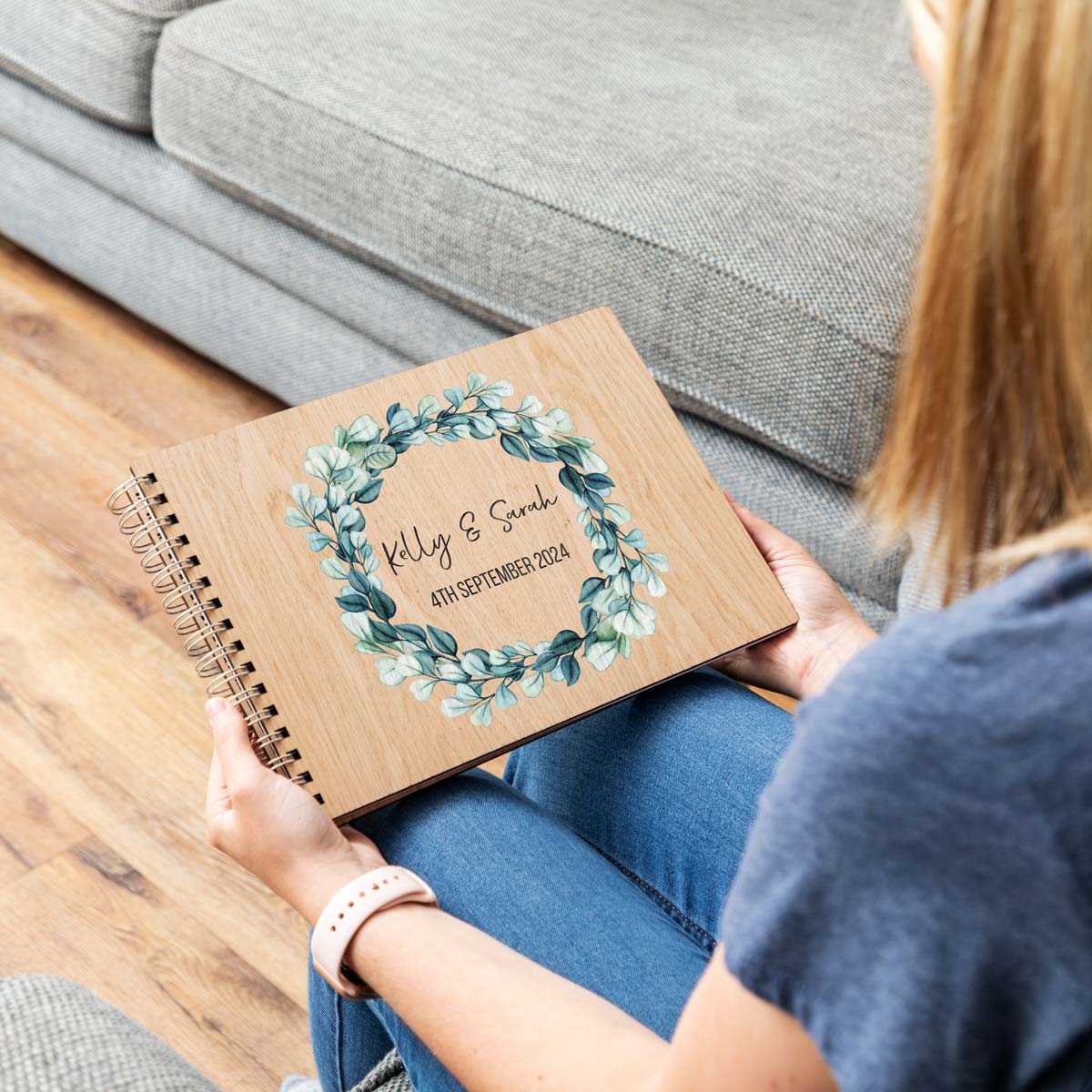 A4 landscape personalised wedding guest book with eucalyptus design