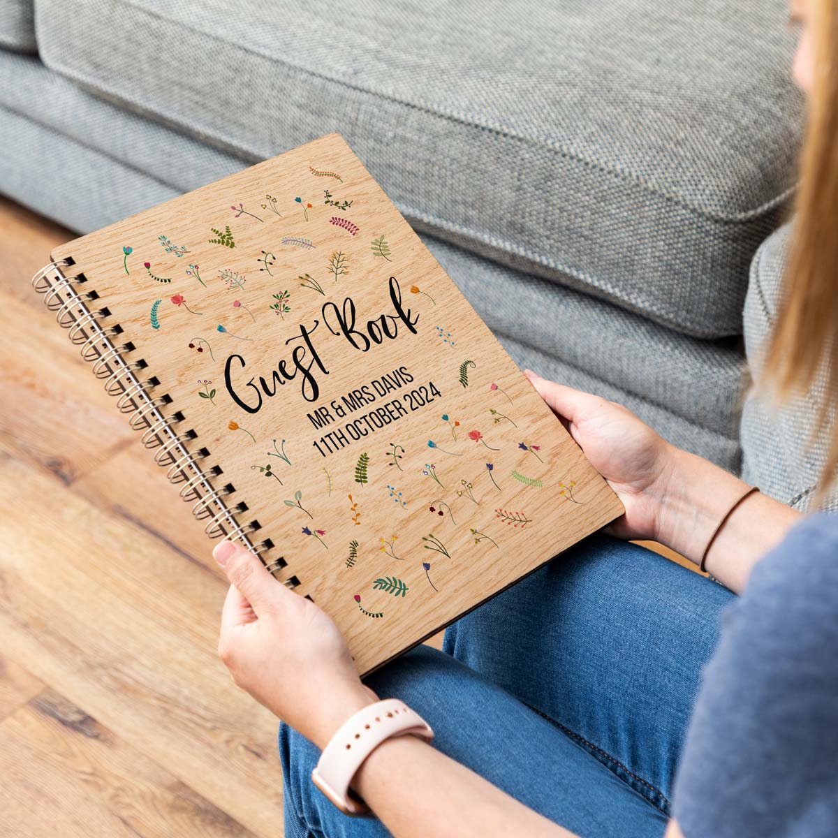 A4 portrait wildflower wedding day guest book with personalised names and date