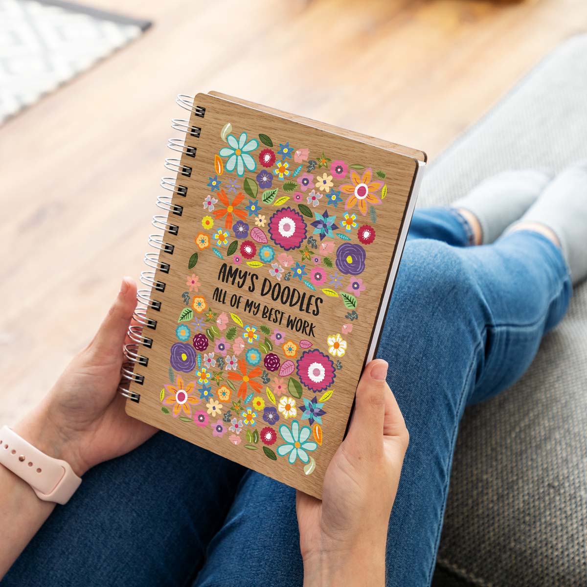 A5 portrait sketchbook with personalised text and flower design