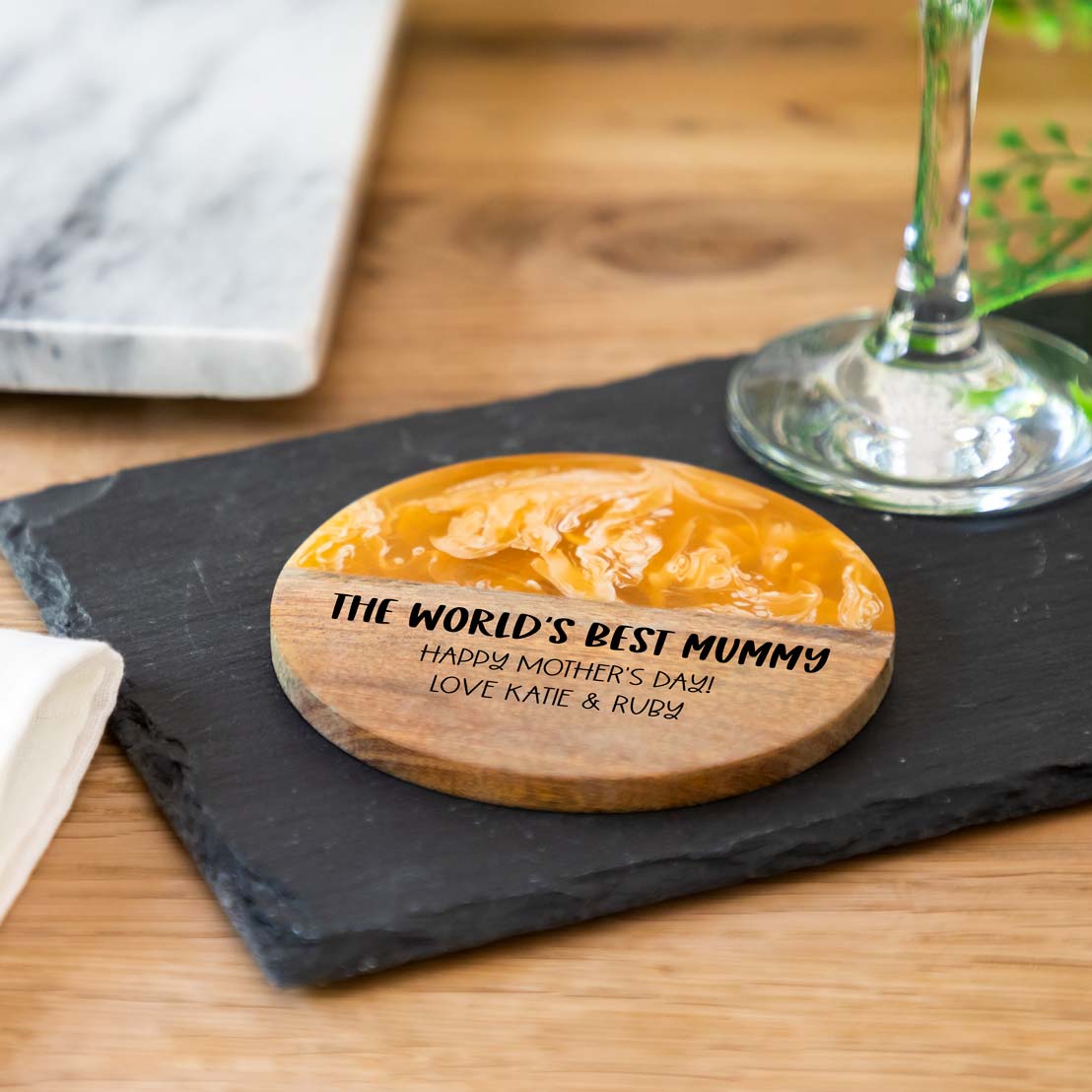 Personalised Coloured Resin and Acacia Wood Drinks Coaster