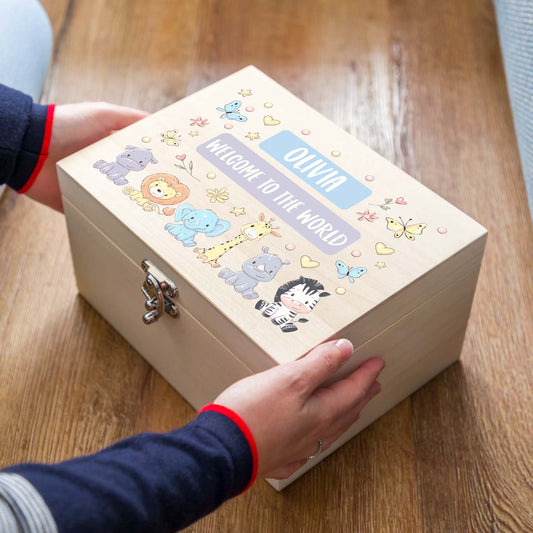 Personalised Jungle Animals Keepsake Box New Baby Gift