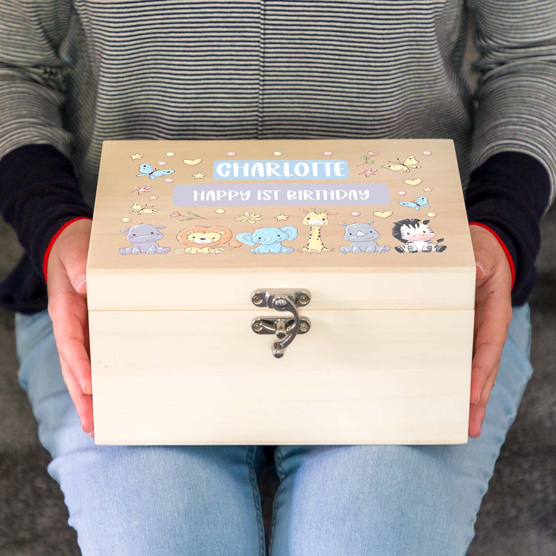 Personalised Jungle Animals Keepsake Box New Baby Gift